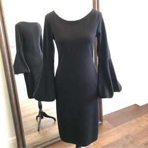Eliza J Black Fitted Knit Sheath Dress with Long Bell Sleeves from Neiman Marcus